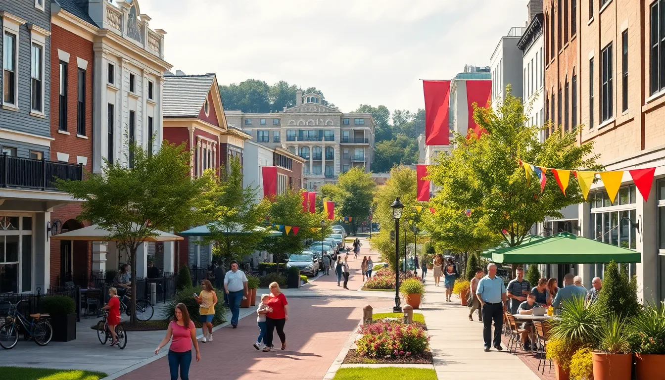 a community gathering in a vibrant, modern neighborhood.